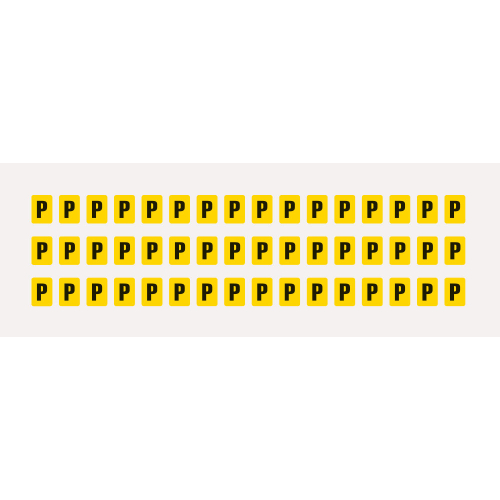 Buchstabe P, Schrifthöhe 8 mm, gelb-schwarz, Folie selbstklebend, 9,5 x 13 mm, 960 St./Verpackungseinheit Buchstabe P, Schrifthöhe 8 mm, gelb-schwarz, Folie selbstklebend, 9,5 x 13 mm, 960 St./Verpackungseinheit