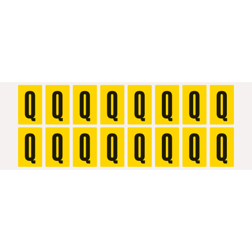 Buchstabe Q, Schrifthöhe 25 mm, gelb-schwarz, Folie selbstklebend, 22 x 36 mm, 320 St./Verpackungseinheit Buchstabe Q, Schrifthöhe 25 mm, gelb-schwarz, Folie selbstklebend, 22 x 36 mm, 320 St./Verpackungseinheit