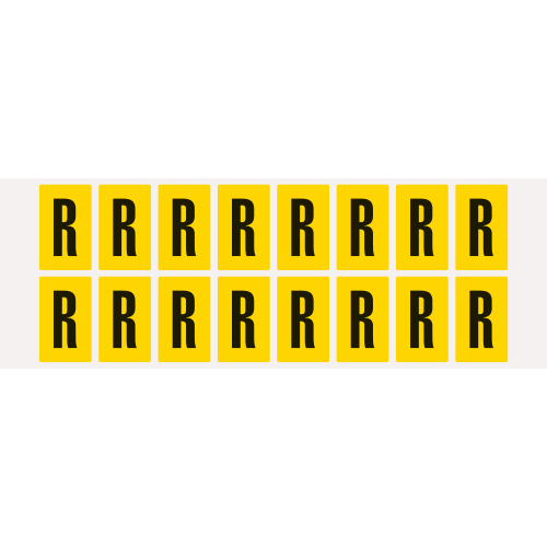 Buchstabe R, Schrifthöhe 25 mm, gelb-schwarz, Folie selbstklebend, 22 x 36 mm, 320 St./Verpackungseinheit Buchstabe R, Schrifthöhe 25 mm, gelb-schwarz, Folie selbstklebend, 22 x 36 mm, 320 St./Verpackungseinheit