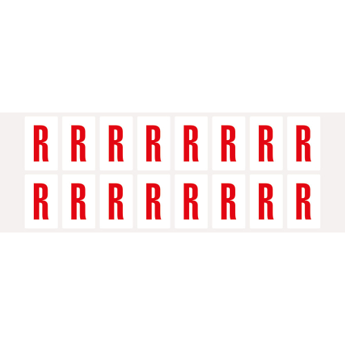 Buchstabe R, Schrifthöhe 25 mm, weiß-rot, Folie selbstklebend, 22 x 36 mm, 320 St./Verpackungseinheit Buchstabe R, Schrifthöhe 25 mm, weiß-rot, Folie selbstklebend, 22 x 36 mm, 320 St./Verpackungseinheit