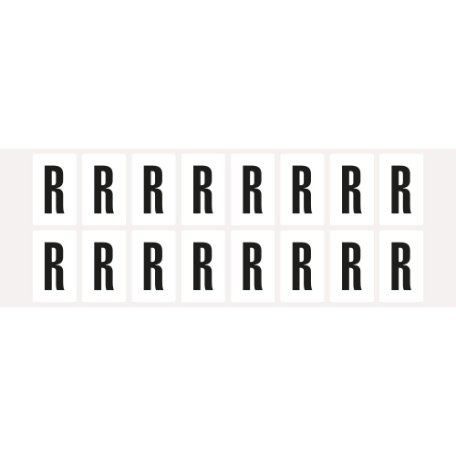 Buchstabe R, Schrifthöhe 25 mm, weiß-schwarz, Folie selbstklebend, 22 x 36 mm, 320 St./Verpackungseinheit Buchstabe R, Schrifthöhe 25 mm, weiß-schwarz, Folie selbstklebend, 22 x 36 mm, 320 St./Verpackungseinheit