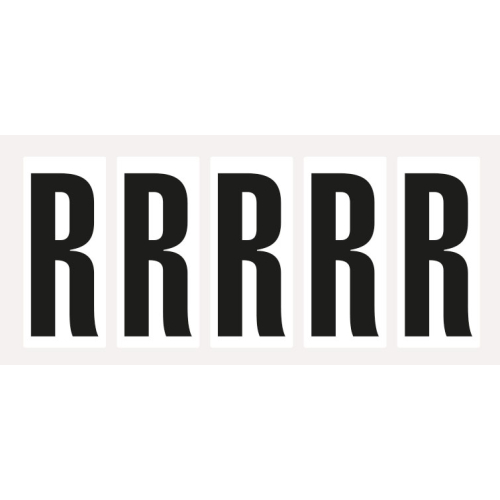 Buchstabe R, Schrifthöhe 75 mm, weiß-schwarz, Folie selbstklebend, 38 x 88 mm, 100 St./Verpackungseinheit Buchstabe R, Schrifthöhe 75 mm, weiß-schwarz, Folie selbstklebend, 38 x 88 mm, 100 St./Verpackungseinheit