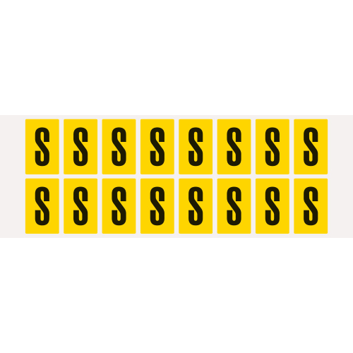 Buchstabe S, Schrifthöhe 25 mm, gelb-schwarz, Folie selbstklebend, 22 x 36 mm, 320 St./Verpackungseinheit Buchstabe S, Schrifthöhe 25 mm, gelb-schwarz, Folie selbstklebend, 22 x 36 mm, 320 St./Verpackungseinheit