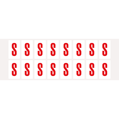 Buchstabe S, Schrifthöhe 25 mm, weiß-rot, Folie selbstklebend, 22 x 36 mm, 320 St./Verpackungseinheit Buchstabe S, Schrifthöhe 25 mm, weiß-rot, Folie selbstklebend, 22 x 36 mm, 320 St./Verpackungseinheit