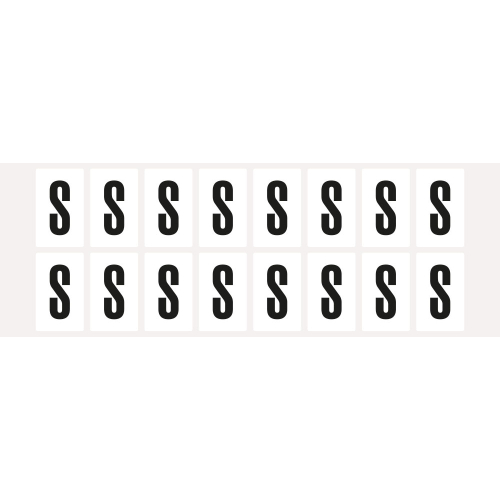 Buchstabe S, Schrifthöhe 25 mm, weiß-schwarz, Folie selbstklebend, 22 x 36 mm, 320 St./Verpackungseinheit Buchstabe S, Schrifthöhe 25 mm, weiß-schwarz, Folie selbstklebend, 22 x 36 mm, 320 St./Verpackungseinheit