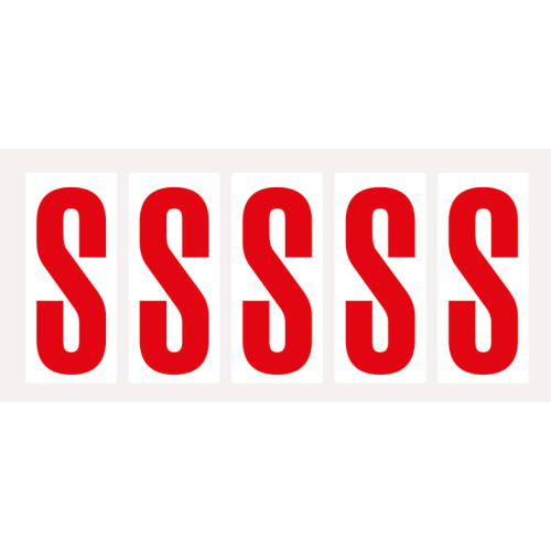 Buchstabe S, Schrifthöhe 75 mm, weiß-rot, Folie selbstklebend, 38 x 88 mm, 100 St./Verpackungseinheit Buchstabe S, Schrifthöhe 75 mm, weiß-rot, Folie selbstklebend, 38 x 88 mm, 100 St./Verpackungseinheit