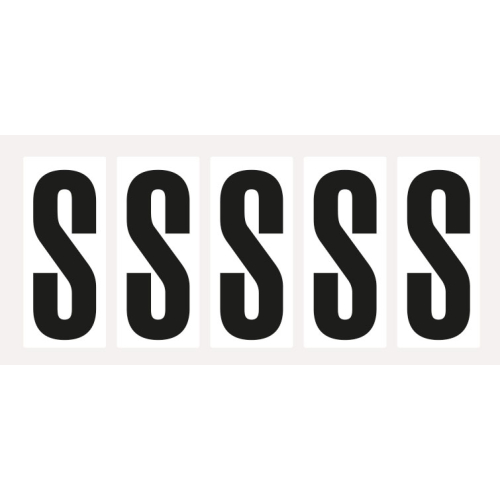 Buchstabe S, Schrifthöhe 75 mm, weiß-schwarz, Folie selbstklebend, 38 x 88 mm, 100 St./Verpackungseinheit Buchstabe S, Schrifthöhe 75 mm, weiß-schwarz, Folie selbstklebend, 38 x 88 mm, 100 St./Verpackungseinheit