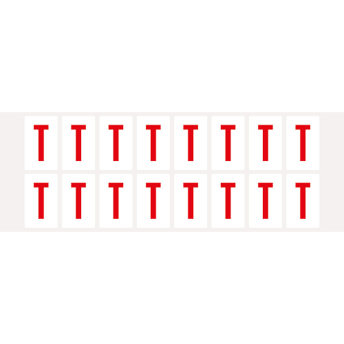 Buchstabe T, Schrifthöhe 25 mm, weiß-rot, Folie selbstklebend, 22 x 36 mm, 320 St./Verpackungseinheit Buchstabe T, Schrifthöhe 25 mm, weiß-rot, Folie selbstklebend, 22 x 36 mm, 320 St./Verpackungseinheit