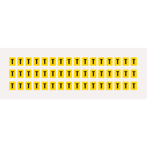Buchstabe T, Schrifthöhe 8 mm, gelb-schwarz, Folie selbstklebend, 9,5 x 13 mm, 960 St./Verpackungseinheit Buchstabe T, Schrifthöhe 8 mm, gelb-schwarz, Folie selbstklebend, 9,5 x 13 mm, 960 St./Verpackungseinheit