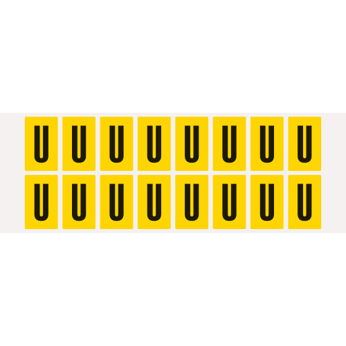 Buchstabe U, Schrifthöhe 25 mm, gelb-schwarz, Folie selbstklebend, 22 x 36 mm, 320 St./Verpackungseinheit Buchstabe U, Schrifthöhe 25 mm, gelb-schwarz, Folie selbstklebend, 22 x 36 mm, 320 St./Verpackungseinheit