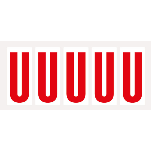 Buchstabe U, Schrifthöhe 75 mm, weiß-rot, Folie selbstklebend, 38 x 88 mm, 100 St./Verpackungseinheit Buchstabe U, Schrifthöhe 75 mm, weiß-rot, Folie selbstklebend, 38 x 88 mm, 100 St./Verpackungseinheit