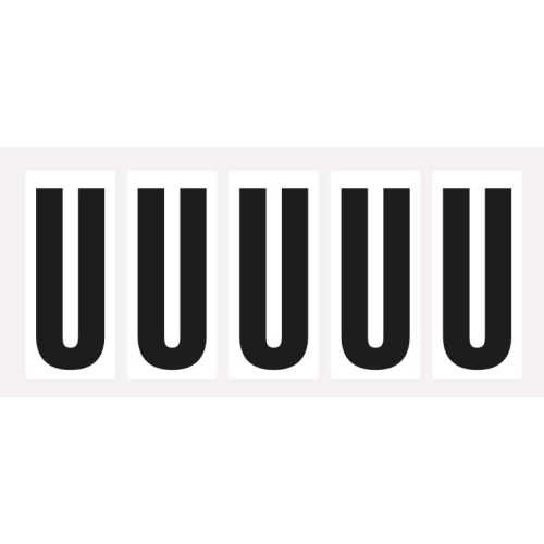 Buchstabe U, Schrifthöhe 75 mm, weiß-schwarz, Folie selbstklebend, 38 x 88 mm, 100 St./Verpackungseinheit Buchstabe U, Schrifthöhe 75 mm, weiß-schwarz, Folie selbstklebend, 38 x 88 mm, 100 St./Verpackungseinheit