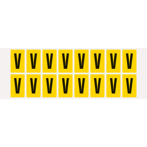 Buchstabe V, Schrifthöhe 25 mm, gelb-schwarz, Folie selbstklebend, 22 x 36 mm, 320 St./Verpackungseinheit Buchstabe V, Schrifthöhe 25 mm, gelb-schwarz, Folie selbstklebend, 22 x 36 mm, 320 St./Verpackungseinheit