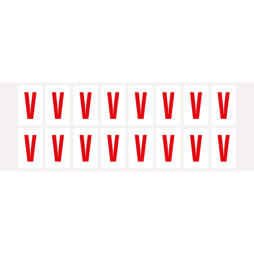 Buchstabe V, Schrifthöhe 25 mm, weiß-rot, Folie selbstklebend, 22 x 36 mm, 320 St./Verpackungseinheit Buchstabe V, Schrifthöhe 25 mm, weiß-rot, Folie selbstklebend, 22 x 36 mm, 320 St./Verpackungseinheit
