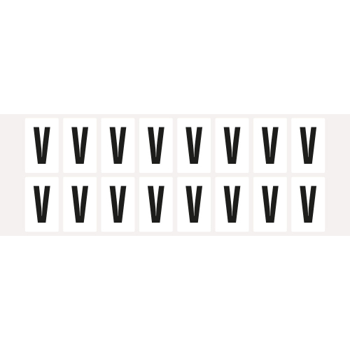 Buchstabe V, Schrifthöhe 25 mm, weiß-schwarz, Folie selbstklebend, 22 x 36 mm, 320 St./Verpackungseinheit Buchstabe V, Schrifthöhe 25 mm, weiß-schwarz, Folie selbstklebend, 22 x 36 mm, 320 St./Verpackungseinheit