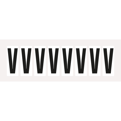 Buchstabe V, Schrifthöhe 30 mm, weiß-schwarz, Folie mit Oberflächenschutz, 17,7 x 39 mm, 10 St./Bogen Buchstabe V, Schrifthöhe 30 mm, weiß-schwarz, Folie mit Oberflächenschutz, 17,7 x 39 mm, 10 St./Bogen