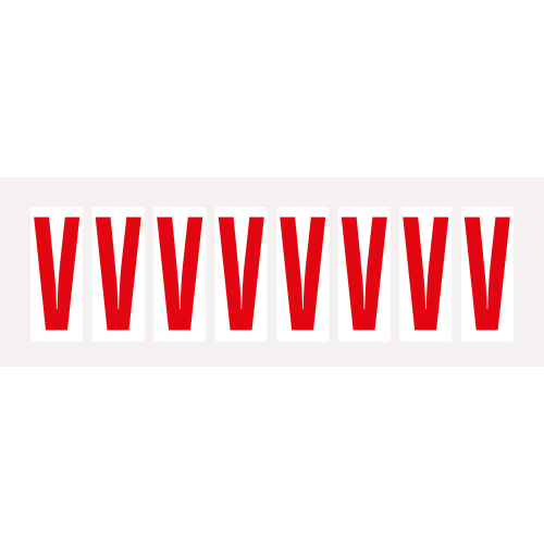 Buchstabe V, Schrifthöhe 50 mm, weiß-rot, Folie selbstklebend, 22 x 57 mm, 160 St./Verpackungseinheit Buchstabe V, Schrifthöhe 50 mm, weiß-rot, Folie selbstklebend, 22 x 57 mm, 160 St./Verpackungseinheit