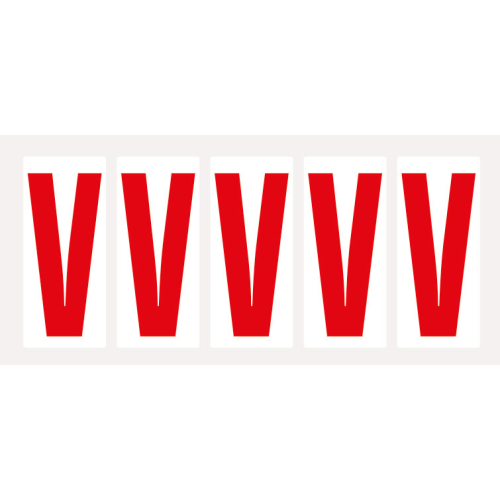 Buchstabe V, Schrifthöhe 75 mm, weiß-rot, Folie selbstklebend, 38 x 88 mm, 100 St./Verpackungseinheit Buchstabe V, Schrifthöhe 75 mm, weiß-rot, Folie selbstklebend, 38 x 88 mm, 100 St./Verpackungseinheit