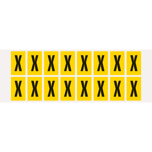 Buchstabe X, Schrifthöhe 25 mm, gelb-schwarz, Folie selbstklebend, 22 x 36 mm, 320 St./Verpackungseinheit Buchstabe X, Schrifthöhe 25 mm, gelb-schwarz, Folie selbstklebend, 22 x 36 mm, 320 St./Verpackungseinheit