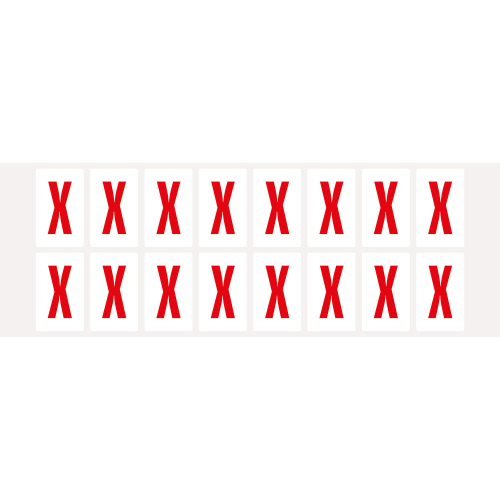 Buchstabe X, Schrifthöhe 25 mm, weiß-rot, Folie selbstklebend, 22 x 36 mm, 320 St./Verpackungseinheit Buchstabe X, Schrifthöhe 25 mm, weiß-rot, Folie selbstklebend, 22 x 36 mm, 320 St./Verpackungseinheit