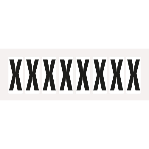Buchstabe X, Schrifthöhe 30 mm, weiß-schwarz, Folie mit Oberflächenschutz, 17,7 x 39 mm, 10 St./Bogen Buchstabe X, Schrifthöhe 30 mm, weiß-schwarz, Folie mit Oberflächenschutz, 17,7 x 39 mm, 10 St./Bogen