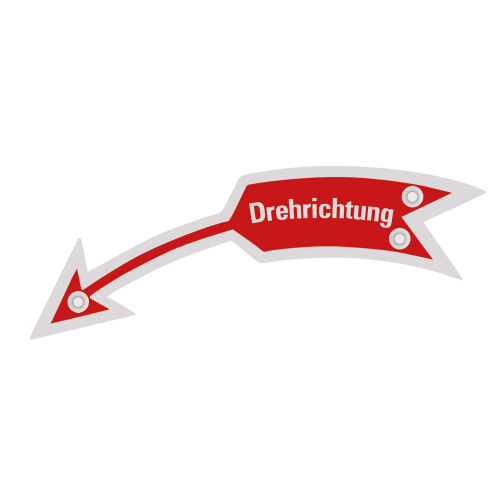 Drehrichtungspfeil gebogen, linksweisend, mit Text, rot, Aluminium, 105 mm x 21 mm, 1 Stück Drehrichtungspfeil gebogen, linksweisend, mit Text, rot, Aluminium, 105 mm x 21 mm, 1 Stück