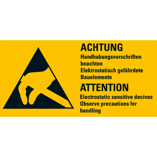 ESD-Warnschild: Achtung Handhabungsvorschriften beachten Elektrostatisch gefährdete Bauelemente, 2-sprachig, Folie selbstklebend, 74 mm x 37 mm, 500 St./Rolle ESD-Warnschild: Achtung Handhabungsvorschriften beachten Elektrostatisch gefährdete Bauelemente, 2-sprachig, Folie selbstklebend, 74 mm x 37 mm, 500 St./Rolle