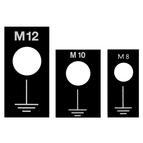 Erdungszeichen aus Aluminium, schwarz-silber, 14 mm x 30 mm, Loch-Ø 8 mm, 100 St./Verpackungseinheit Erdungszeichen aus Aluminium, schwarz-silber, 14 mm x 30 mm, Loch-Ø 8 mm, 100 St./Verpackungseinheit