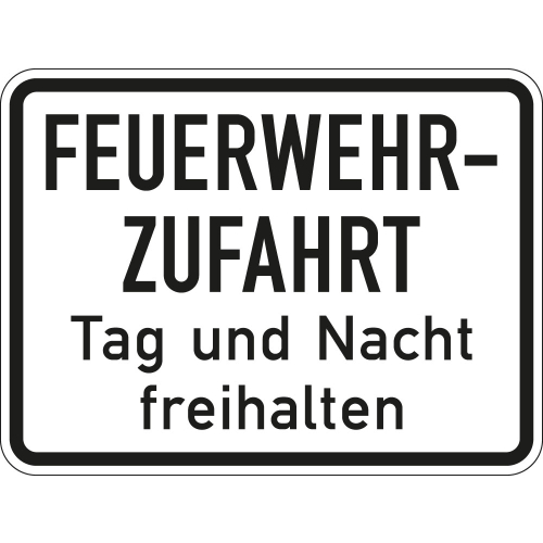 Feuerwehr-Hinweisschild: Feuerwehrausfahrt Tag und Nacht freihalten, weiß-schwarz, Aluminium RA0, reflektierend, 600 mm x 450 mm, 1 Stück