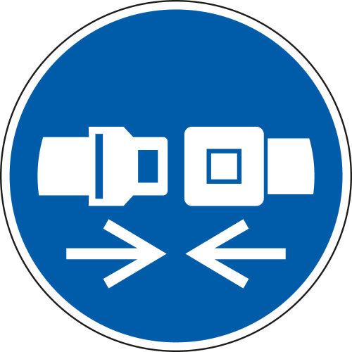 Gebotsschild: Rückhaltesystem benutzen, blau-weiß, ASR/ISO, Folie selbstklebend, Ø 50 mm, 10 St./Bogen