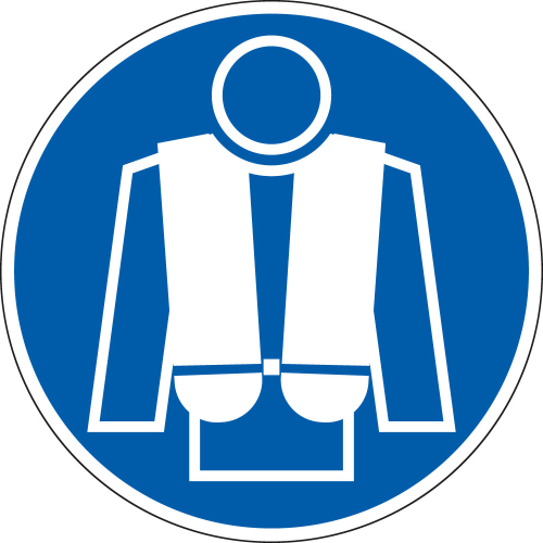 Gebotsschild: Rettungsweste benutzen, blau-weiß, Folie selbstklebend, Ø 200 mm, 1 Stück