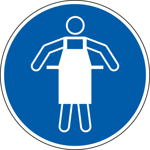 Gebotsschild: Schutzschürze tragen, blau-weiß, ASR/ISO, Folie selbstklebend, Ø 100 mm, 1 Stück Gebotsschild: Schutzschürze tragen, blau-weiß, ASR/ISO, Folie selbstklebend, Ø 100 mm, 1 Stück