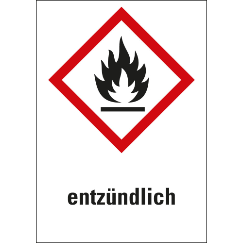Gefahrensymbol: GHS02 Flamme mit Text entzündlich, Folie selbstklebend, 26 x 37 mm, 12 St./Bogen