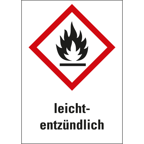 Gefahrensymbol: GHS02 Flamme mit Text leichtentzündlich, Folie selbstklebend, 26 x 37 mm, 12 St./Bogen