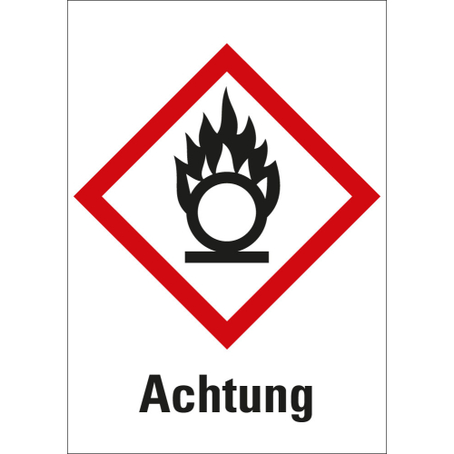 Gefahrensymbol: GHS03 Flamme über Kreis mit Signalwort Achtung, Folie selbstklebend, 37 x 52 mm, 6 St./Bogen Gefahrensymbol: GHS03 Flamme über Kreis mit Signalwort Achtung, Folie selbstklebend, 37 x 52 mm, 6 St./Bogen