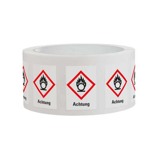Gefahrensymbol: GHS03 Flamme über Kreis mit Signalwort Achtung, Folie selbstklebend, 37 x 52 mm, 500 St./Rolle Gefahrensymbol: GHS03 Flamme über Kreis mit Signalwort Achtung, Folie selbstklebend, 37 x 52 mm, 500 St./Rolle