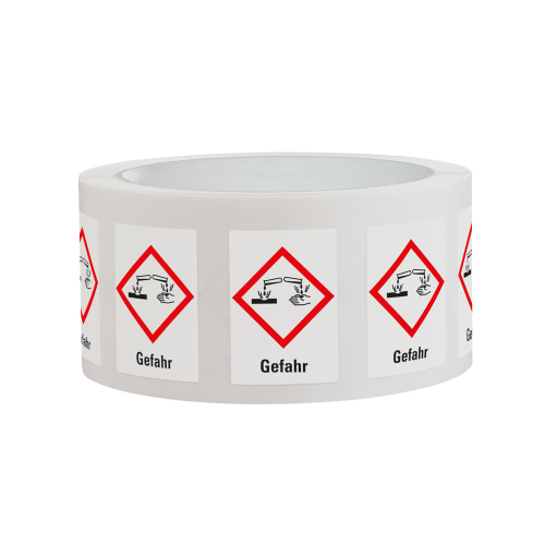 Gefahrensymbol: GHS05 Ätzwirkung mit Signalwort Gefahr, Papier selbstklebend, 37 x 52 mm, 1000 St./Rolle Gefahrensymbol: GHS05 Ätzwirkung mit Signalwort Gefahr, Papier selbstklebend, 37 x 52 mm, 1000 St./Rolle