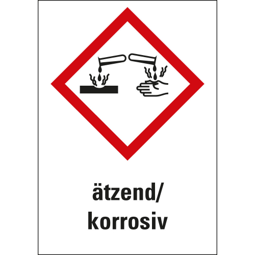 Gefahrensymbol: GHS05 Ätzwirkung mit Text ätzend/korrosiv, Folie selbstklebend, 26 x 37 mm, 12 St./Bogen