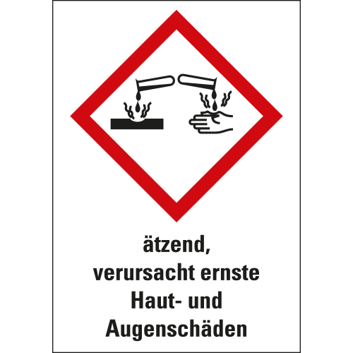 Gefahrensymbol: GHS05 Ätzwirkung mit Text ätzend, verursacht Haut- und Augenschäden, Folie selbstklebend, 26 x 37 mm, 12 St./Bogen