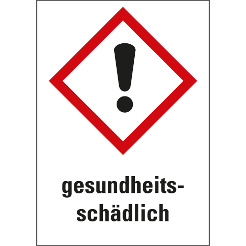 Gefahrensymbol: GHS07 Ausrufezeichen mit Text gesundheitsschädlich, Folie selbstklebend, 26 x 37 mm, 12 St./Bogen Gefahrensymbol: GHS07 Ausrufezeichen mit Text gesundheitsschädlich, Folie selbstklebend, 26 x 37 mm, 12 St./Bogen
