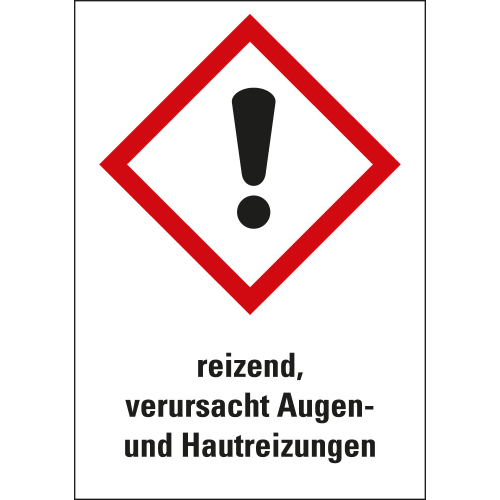 Gefahrensymbol: GHS07 Ausrufezeichen mit Text reizend, verursacht Augen- und Hautreizungen, Folie selbstklebend, 26 x 37 mm, 12 St./Bogen Gefahrensymbol: GHS07 Ausrufezeichen mit Text reizend, verursacht Augen- und Hautreizungen, Folie selbstklebend, 26 x 37 mm, 12 St./Bogen