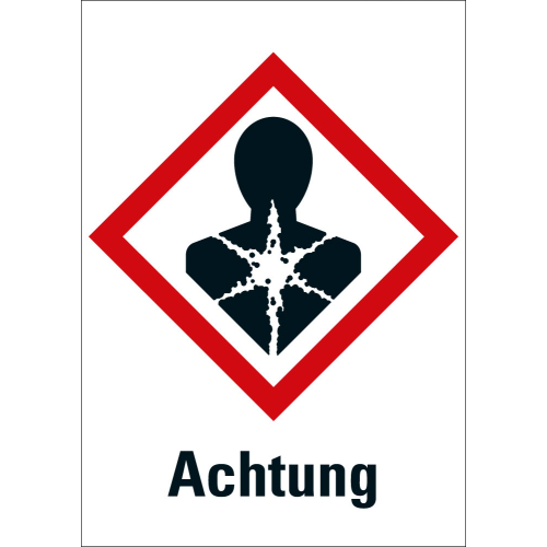 Gefahrensymbol: GHS08 Gesundheitsgefahr mit Signalwort Achtung, Folie selbstklebend, 37 x 52 mm, 6 St./Bogen Gefahrensymbol: GHS08 Gesundheitsgefahr mit Signalwort Achtung, Folie selbstklebend, 37 x 52 mm, 6 St./Bogen