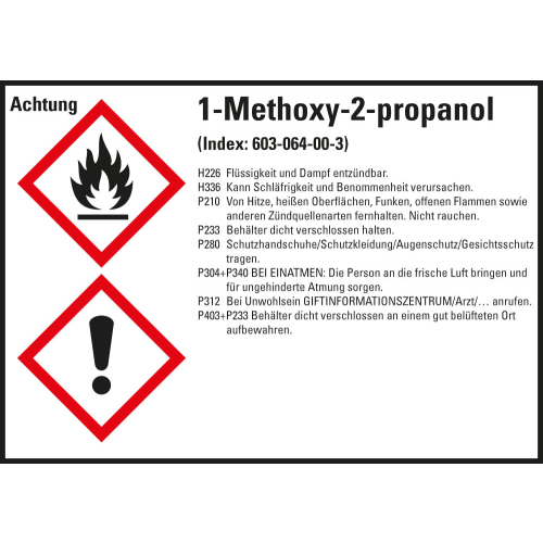 Gefahrstoffkennzeichen: 1-Methoxy-2-propanol, 2 GHS Symbole mit Text, Folie selbstklebend, 148 x 105 mm, 4 St./Bogen Gefahrstoffkennzeichen: 1-Methoxy-2-propanol, 2 GHS Symbole mit Text, Folie selbstklebend, 148 x 105 mm, 4 St./Bogen