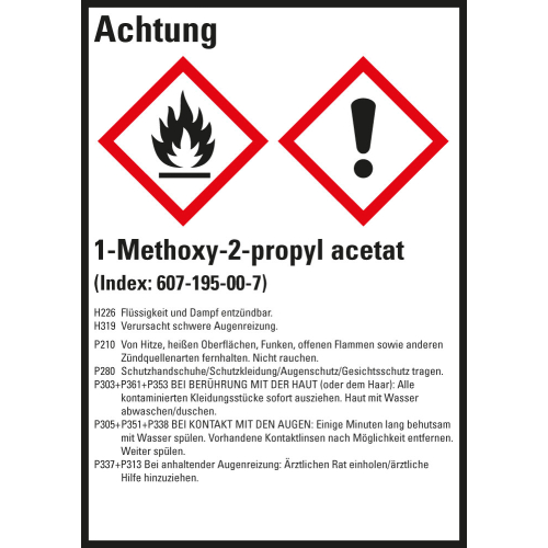 Gefahrstoffkennzeichen: 1-Methoxy-2-propyl acetat, 2 GHS Symbole mit Text, Folie selbstklebend, 52 x 74 mm, 10 St./Boge Gefahrstoffkennzeichen: 1-Methoxy-2-propyl acetat, 2 GHS Symbole mit Text, Folie selbstklebend, 52 x 74 mm, 10 St./Boge