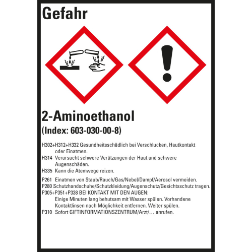 Gefahrstoffkennzeichen: 2-Aminoethanol, 2 GHS Symbole mit Text, Folie selbstklebend, 52 x 74 mm, 10 St./Bogen Gefahrstoffkennzeichen: 2-Aminoethanol, 2 GHS Symbole mit Text, Folie selbstklebend, 52 x 74 mm, 10 St./Bogen