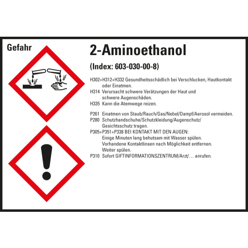 Gefahrstoffkennzeichen: 2-Aminoethanol, 2 GHS Symbole mit Text, Folie selbstklebend, 105 x 74 mm, 8 St./Bogen Gefahrstoffkennzeichen: 2-Aminoethanol, 2 GHS Symbole mit Text, Folie selbstklebend, 105 x 74 mm, 8 St./Bogen