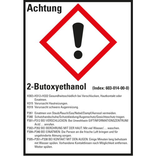 Gefahrstoffkennzeichen: 2-Butoxyethanol, 1 GHS Symbol mit Text, Folie selbstklebend, 52 x 74 mm, 10 St./Bogen Gefahrstoffkennzeichen: 2-Butoxyethanol, 1 GHS Symbol mit Text, Folie selbstklebend, 52 x 74 mm, 10 St./Bogen