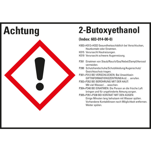 Gefahrstoffkennzeichen: 2-Butoxyethanol, 1 GHS Symbol mit Text, Folie selbstklebend, 148 x 105 mm, 4 St./Bogen Gefahrstoffkennzeichen: 2-Butoxyethanol, 1 GHS Symbol mit Text, Folie selbstklebend, 148 x 105 mm, 4 St./Bogen