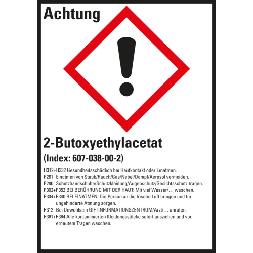 Gefahrstoffkennzeichen: 2-Butoxyethylacetat, 1 GHS Symbol mit Text, Folie selbstklebend, 52 x 74 mm, 10 St./Bogen