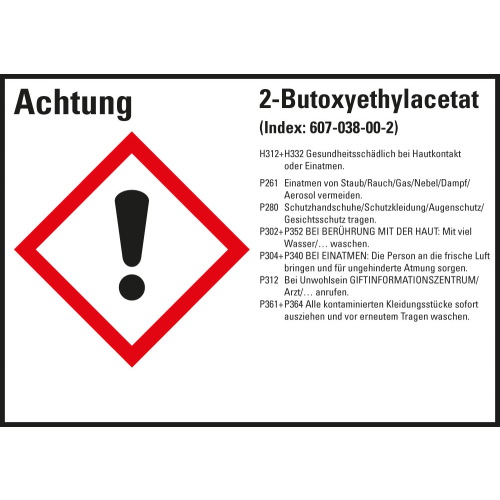 Gefahrstoffkennzeichen: 2-Butoxyethylacetat, 1 GHS Symbol mit Text, Folie selbstklebend, 148 x 105 mm, 4 St./Bogen
